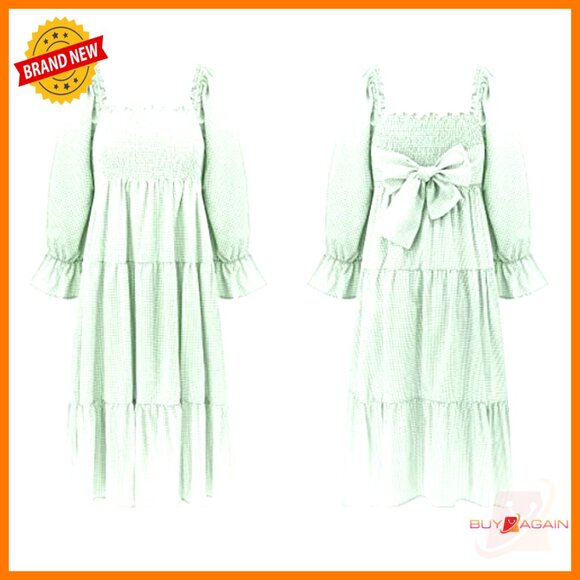 Cotton Plaid Puff Sleeve Off-Shoulder Boho Midi Dress with Back Bow Tie - Picture 5 of 7